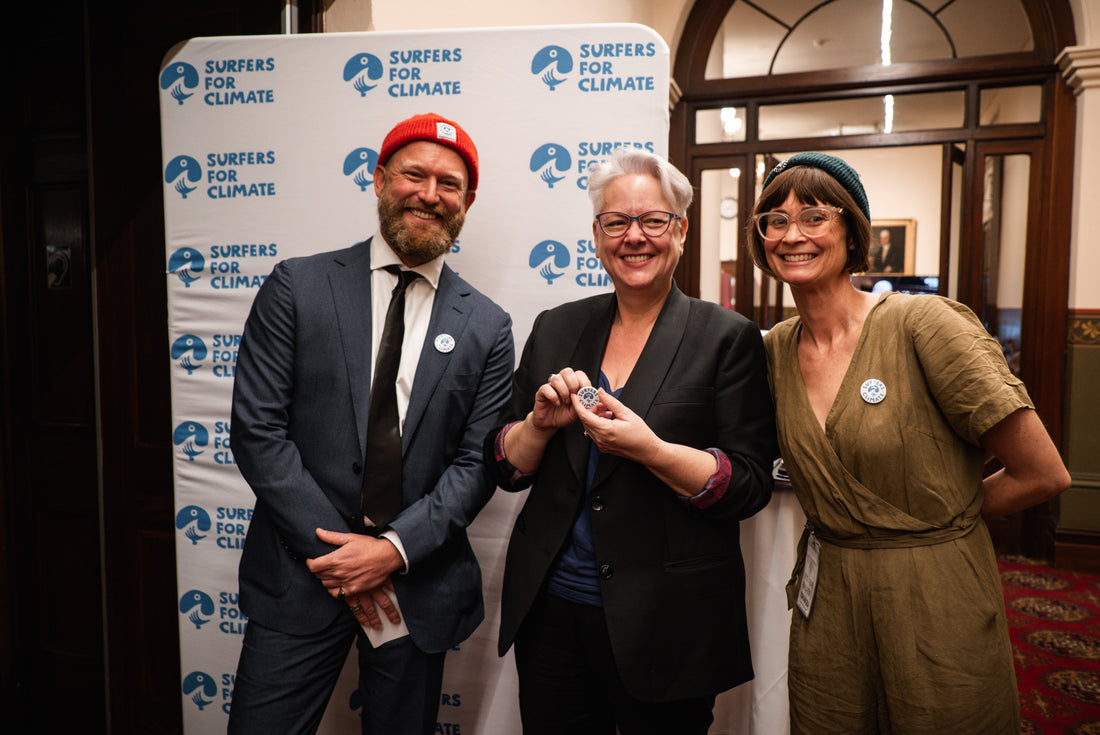 Surfers for Climate at NSW Parliament with Josh Kirkman, Penny Sharpe and Belinda Baggs.