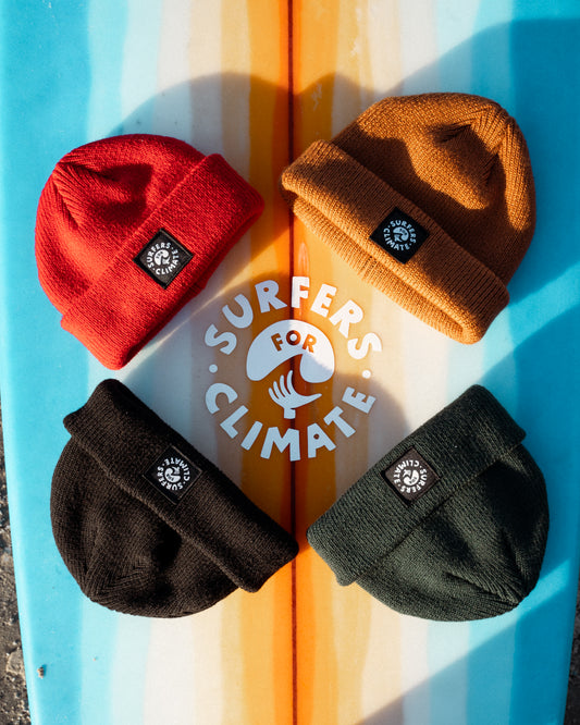 Surfers for Climate beanie made from 100% recycled plastic bottles from the Common Good Factory