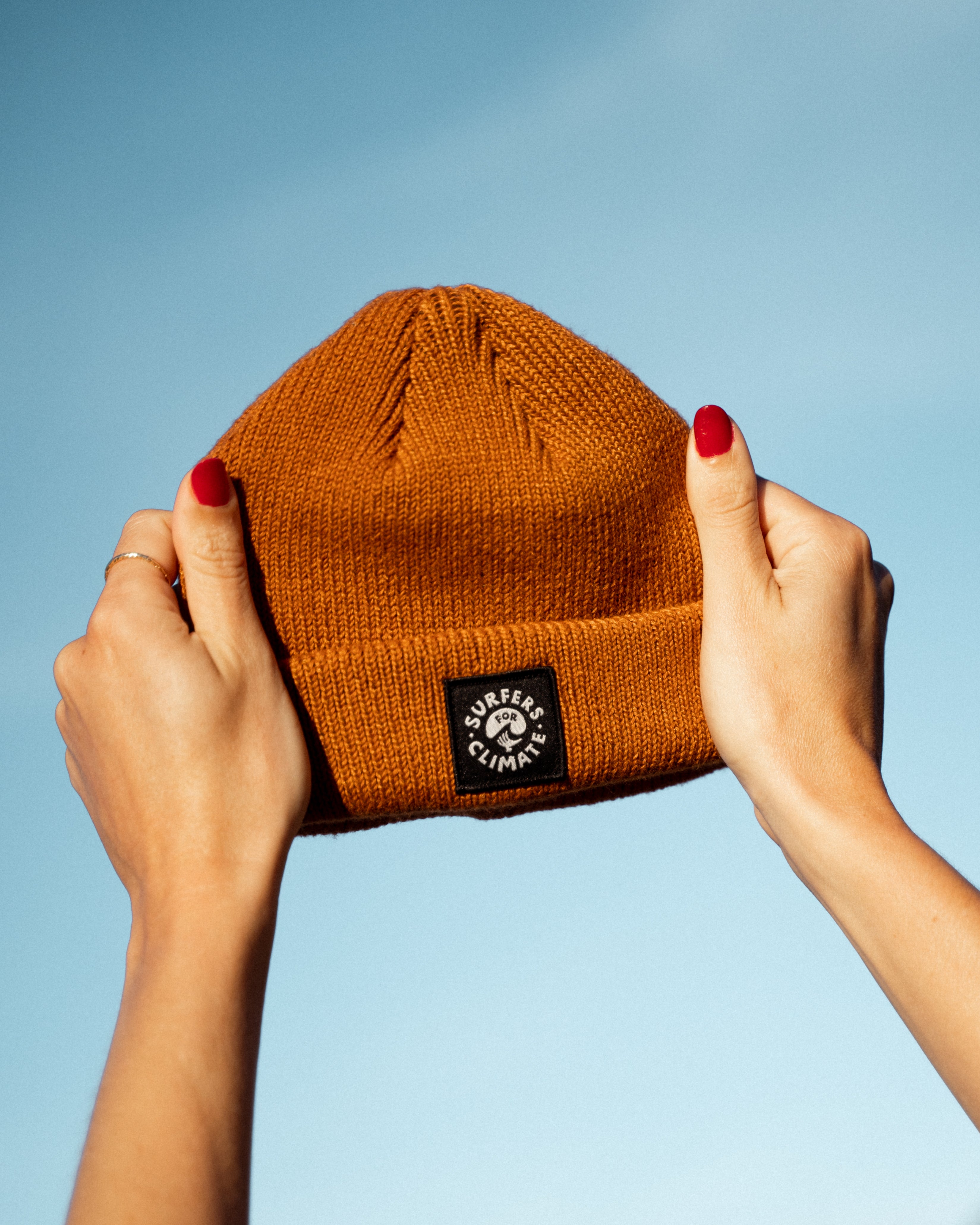 Surfers for Climate beanie made from 100% recycled plastic bottles from the Common Good Factory