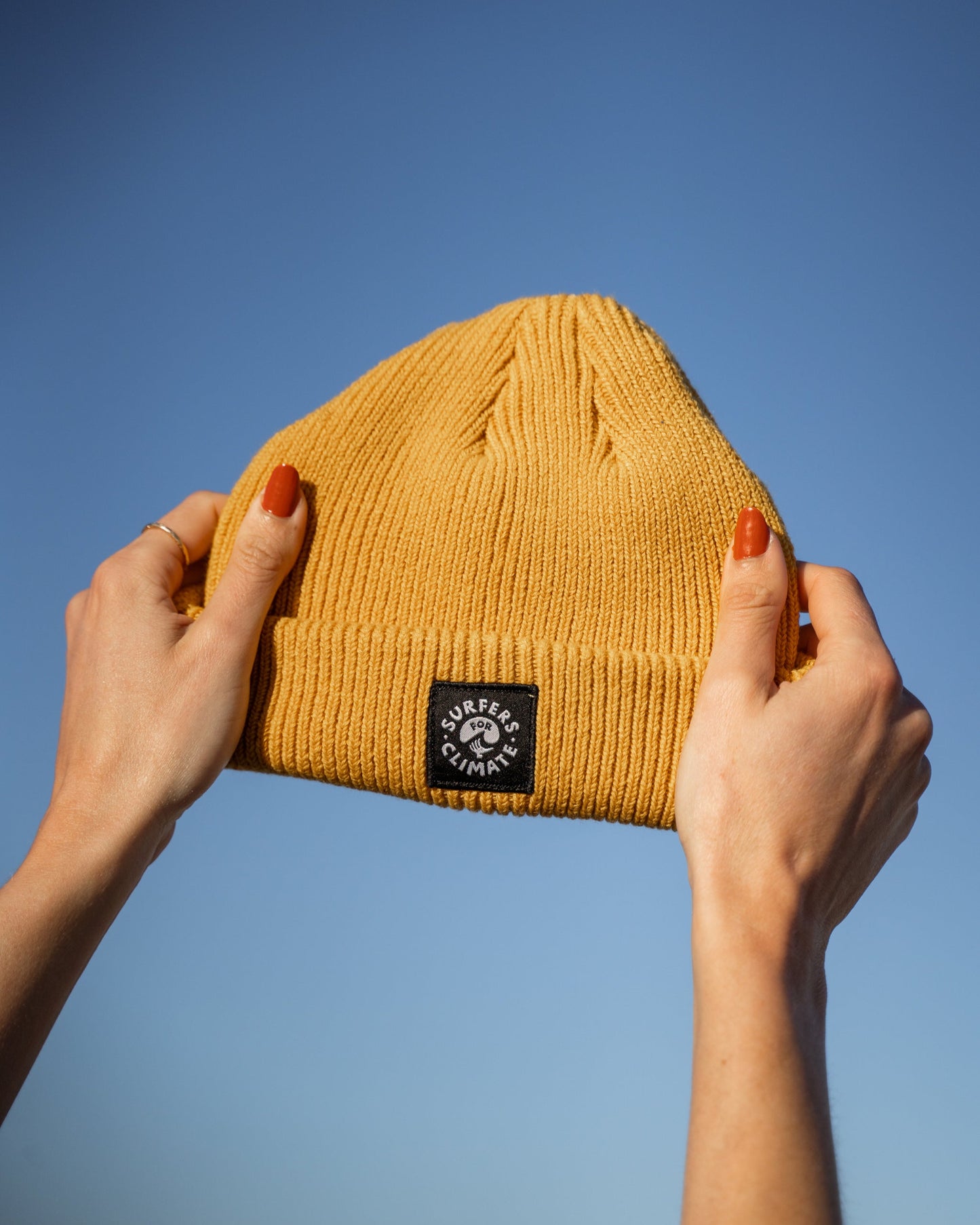 Surfers for Climate beanie made from 100% recycled plastic bottles from the Common Good Factory