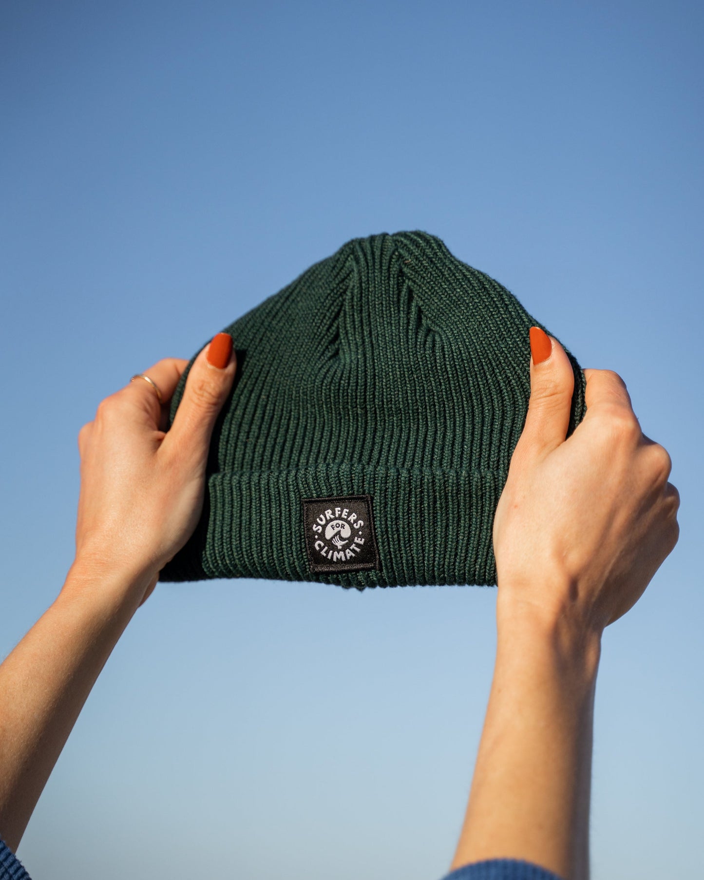 Surfers for Climate beanie made from 100% recycled plastic bottles from the Common Good Factory