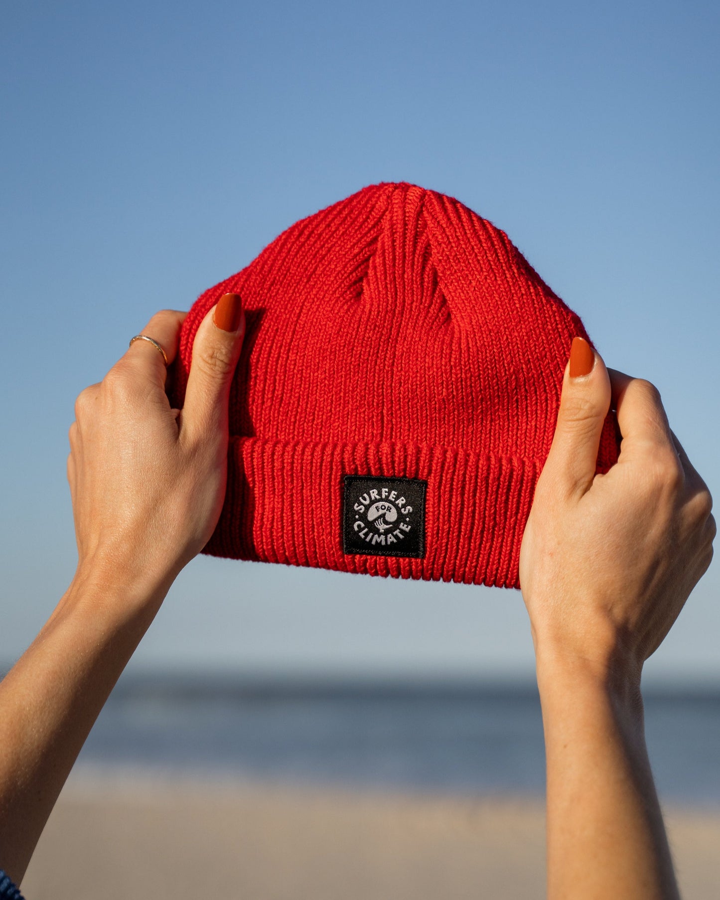 Surfers for Climate beanie made from 100% recycled plastic bottles from the Common Good Factory