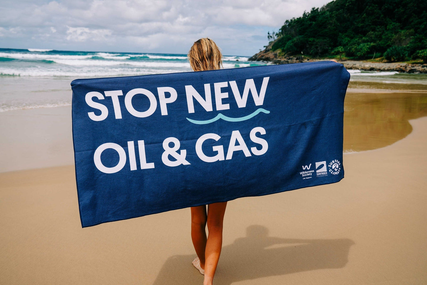 Stop New Oil & Gas 100% Recycled Beach Towel. In collaboration with Wilderness Society, Surfers for Climate and Surfrider Foundation Australia - coming together to fight the threat to our beaches and oceans. To fight climate change.