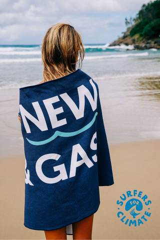 Stop New Oil & Gas 100% Recycled Beach Towel. In collaboration with Wilderness Society, Surfers for Climate and Surfrider Foundation Australia - coming together to fight the threat to our beaches and oceans. To fight climate change.